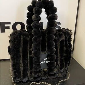 Plush Faux Fur Pom Handle Tote & Crossbody Bag
